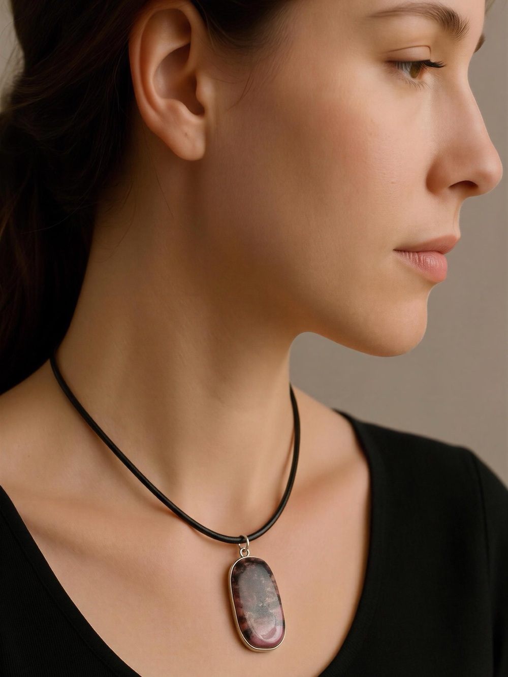 Handcrafted Pink Rhodonite Pendant Necklace - Black Cord